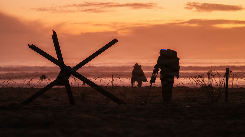 A dramatic silhouette image showing military personnel on a beach at sunset or sunrise, with World War II-style beach obstacles (Czech hedgehogs) and barbed wire in the foreground. Two figures in full combat gear with rifles and backpacks are visible advancing toward the waterline. The scene strongly evokes D-Day or amphibious assault imagery, either historical recreation or military exercise.