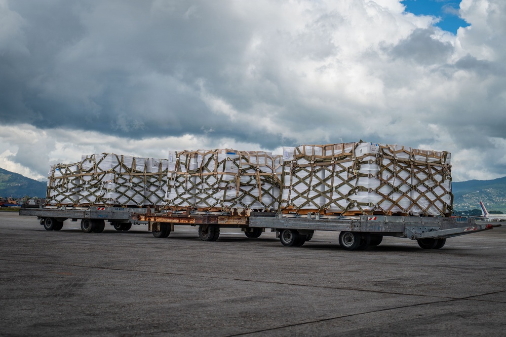 The image shows multiple flatbed cargo dollies loaded with palletized freight secured with cargo nets and strapping on an airport tarmac. The cargo consists of white boxes/packages stacked on standard air freight pallets, suggesting recent unloading from or preparation for loading onto an aircraft. Mountains and a partially cloudy sky are visible in the background, indicating a location near elevated terrain.