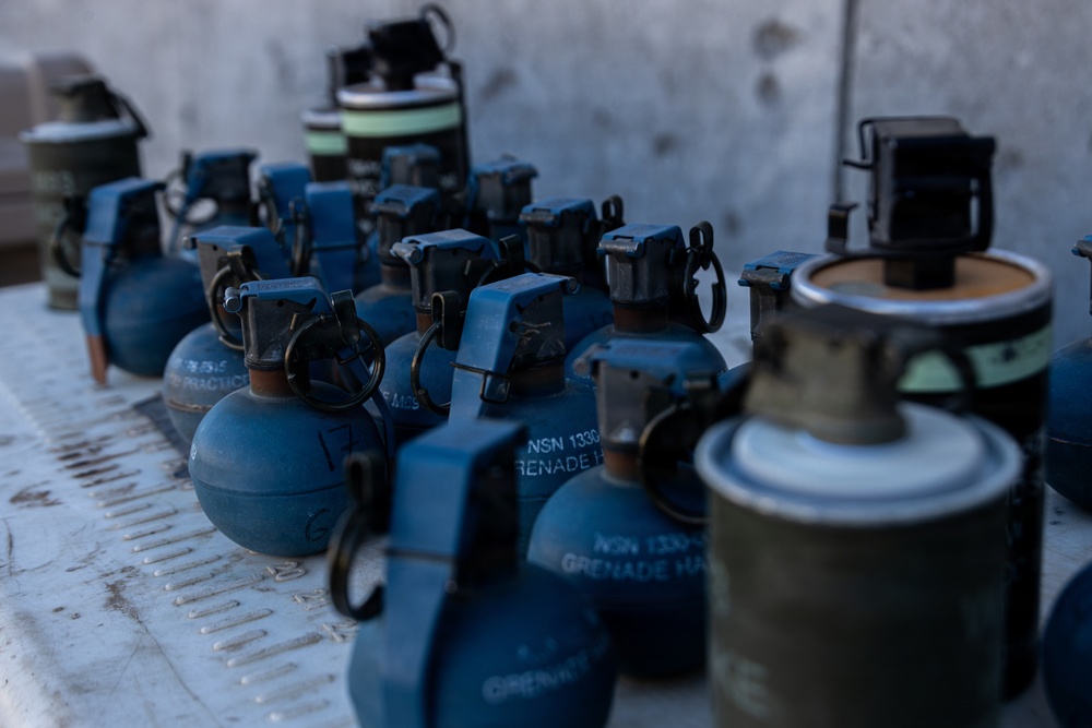 The image shows a collection of blue-painted practice/training grenades arranged on a metal surface. Visible text markings include 'NSN 1330' and 'GRENADE H' along with 'PRACTICE' on at least one unit. These appear to be inert military training devices, identifiable by their blue color coding which is standard for practice/dummy munitions.