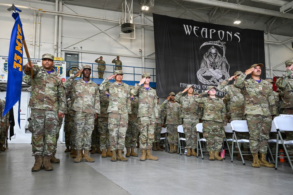 A military formation ceremony is taking place inside a hangar facility, with personnel in OCP (Operational Camouflage Pattern) uniforms rendering salutes. A guidon bearer on the left holds a blue flag marked '33 MXS' (33rd Maintenance Squadron). A large black banner reading 'WEAPONS' with a grim reaper graphic is prominently displayed in the background.