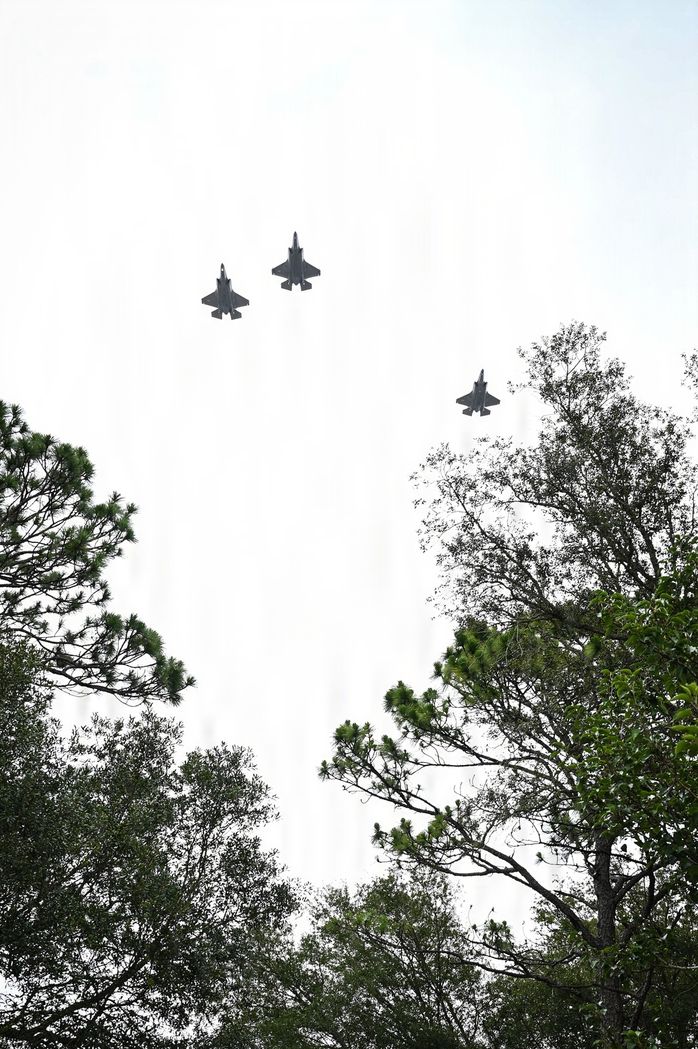 Three military jet aircraft are photographed from a low angle flying overhead in a loose formation against a bright, overcast sky. The image is taken from ground level looking upward through the canopy of tall trees. The aircraft appear to be modern stealth fighters based on their visible silhouettes.