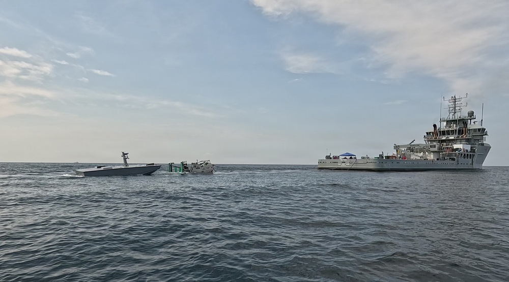 Naval Air Warfare Center Weapons Division’s Blue Water Instrumentation refuels unmanned surface vessel at sea using robotic towed connector