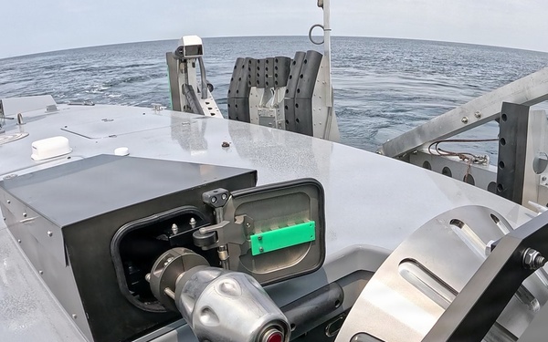 Naval Air Warfare Center Weapons Division’s Blue Water Instrumentation refuels unmanned surface vessel at sea using robotic towed connector