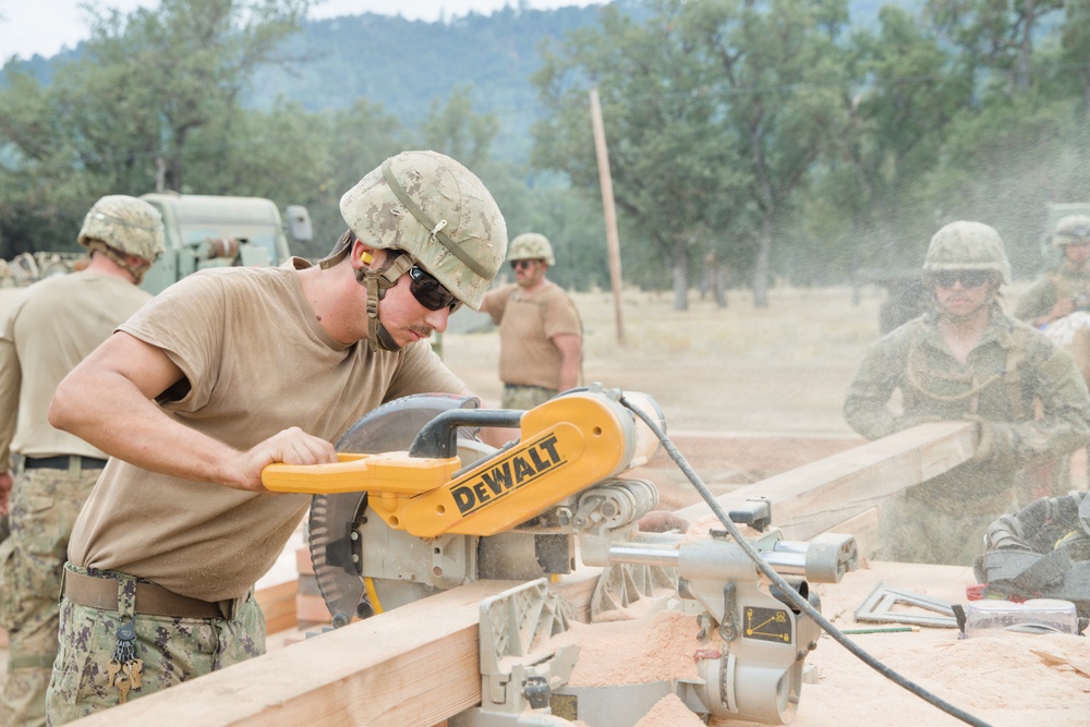 Military personnel in combat uniforms and helmets are engaged in construction work at an outdoor site. The primary subject is operating a DeWalt miter saw to cut lumber, with sawdust visibly dispersing in the air. Multiple service members are working collaboratively in what appears to be a field engineering or humanitarian construction exercise.