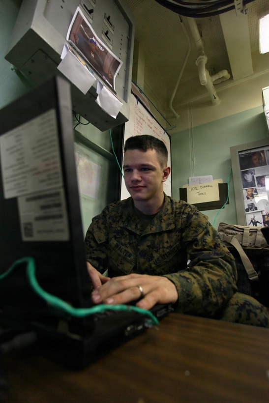 USS IWO JIMA, Mediterranean Sea (Nov. 29, 2012) - Lance Cpl. Kristopher Walter, an Orlando, Fla., native with the Command Element, 24th Marine Expeditionary Unit, performs network maintenance aboard USS Iwo Jima, Nov. 29, 2012. The 24th Marine Expeditionary Unit is deployed with the Iwo Jima Amphibious Ready Group in the 6th Fleet area of responsibility serving as an expeditionary crisis response force capable of a variety of missions, from full-scale combat to evacuations and humanitarian assistance. Since deploying in March, they have supported a variety of missions in the U.S. Central, Africa and European Commands, assisted the Navy in safeguarding sea lanes, and conducted various bilateral and unilateral training events in several countries in the Middle East and Africa. (U.S. Marine Corps photo by Lance Cpl. Tucker S. Wolf/Released)  
