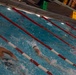An indoor swimming pool with multiple lanes separated by red and white lane dividers. Three swimmers are actively swimming in adjacent lanes, moving away from the camera. Poolside signage indicates lane speed designations, with a green 'FAST' sign and a yellow 'SLOW' sign visible at the far end.