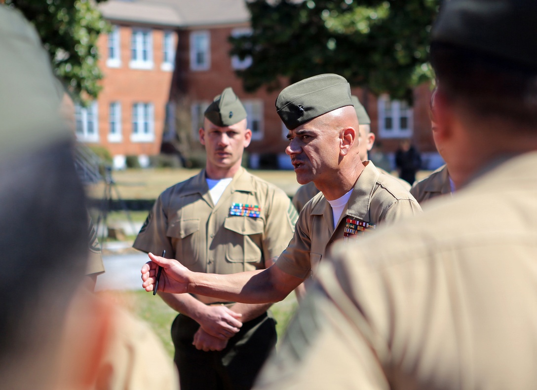 Sgt. Maj. Octaviano Gallegos Jr., the outgoing 24th Marine Expeditionary Unit sergeant major, says goodbye to 24th MEU Marines and sailors March 14, 2014, after his relief and appointment ceremony at Camp Lejeune, N.C. Gallegos' next assignment is sergeant major of II Marine Expeditionary Brigade. He was relieved by Sgt. Maj. Lanette N. Wright, who will be the first female MEU sergeant major.