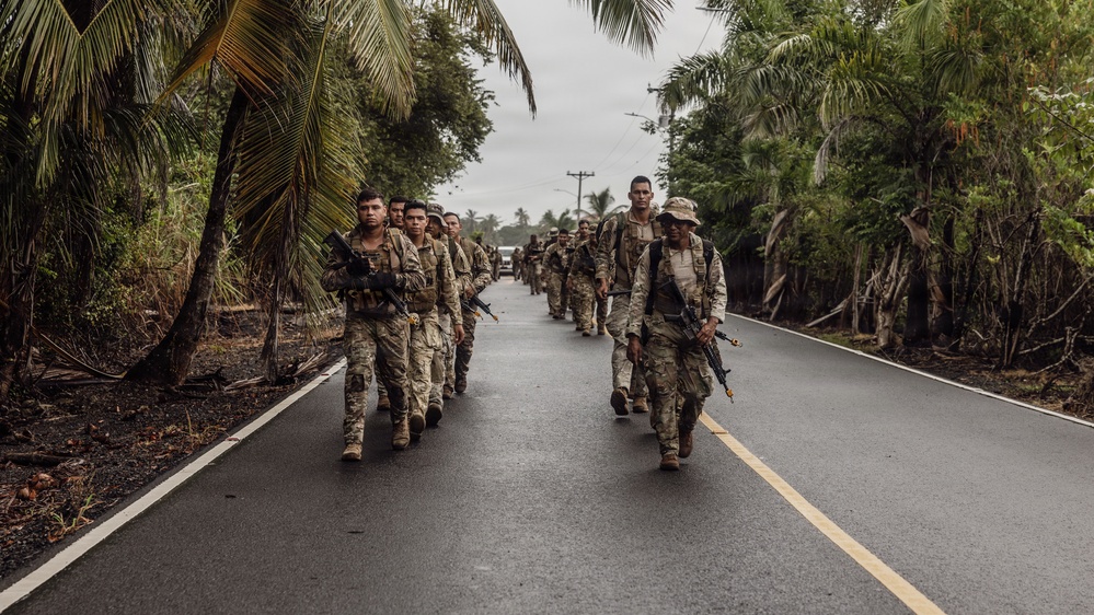 A column of armed military personnel in camouflage uniforms marches along a paved two-lane road flanked by tropical vegetation including palm trees. The soldiers are carrying rifles and wearing tactical gear, moving in formation toward the camera. The setting appears to be a tropical or subtropical region based on the lush greenery and road infrastructure visible.