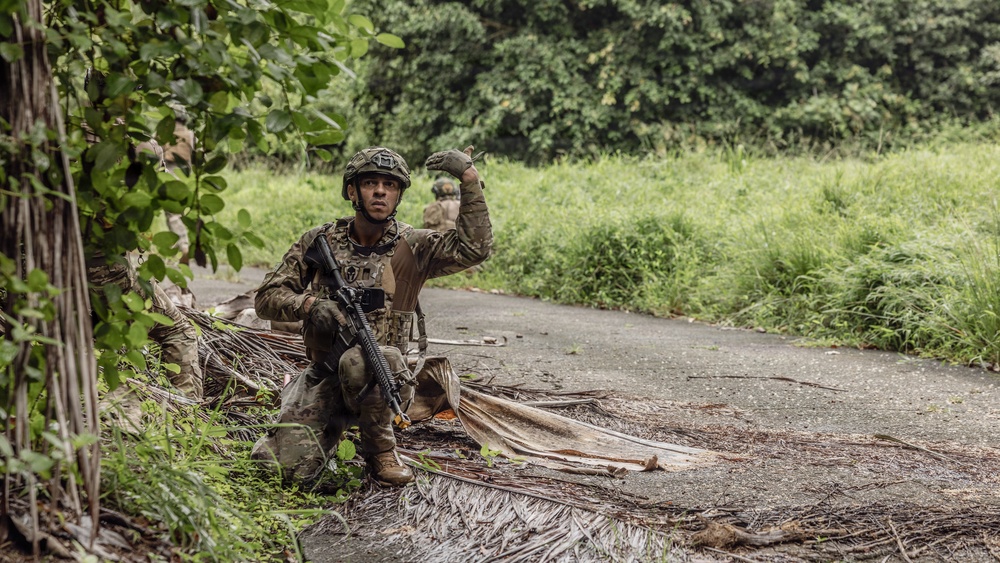 A soldier in full combat gear is positioned at the edge of a paved path bordered by dense tropical vegetation. The soldier is crouching near tree cover and appears to be giving a hand signal, likely communicating with other personnel. A second figure in military uniform is faintly visible in the background, suggesting a small unit tactical exercise or patrol.