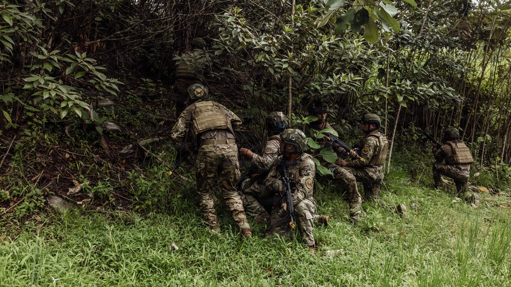 A group of approximately five to six armed military or paramilitary personnel in camouflage uniforms are positioned at the edge of a dense jungle or forested area. They appear to be conducting a tactical operation, with some kneeling and others standing while moving into the tree line. The lush green vegetation and terrain suggest a tropical or subtropical environment.