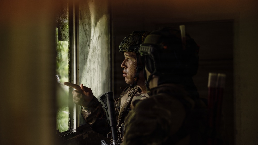 A soldier in full tactical gear is positioned inside a building, looking out through a window while pointing toward an exterior location. The individual is equipped with a combat helmet fitted with accessories, camouflage uniform, communications headset, and is carrying a firearm. The scene appears to depict a military reconnaissance or urban operations scenario.