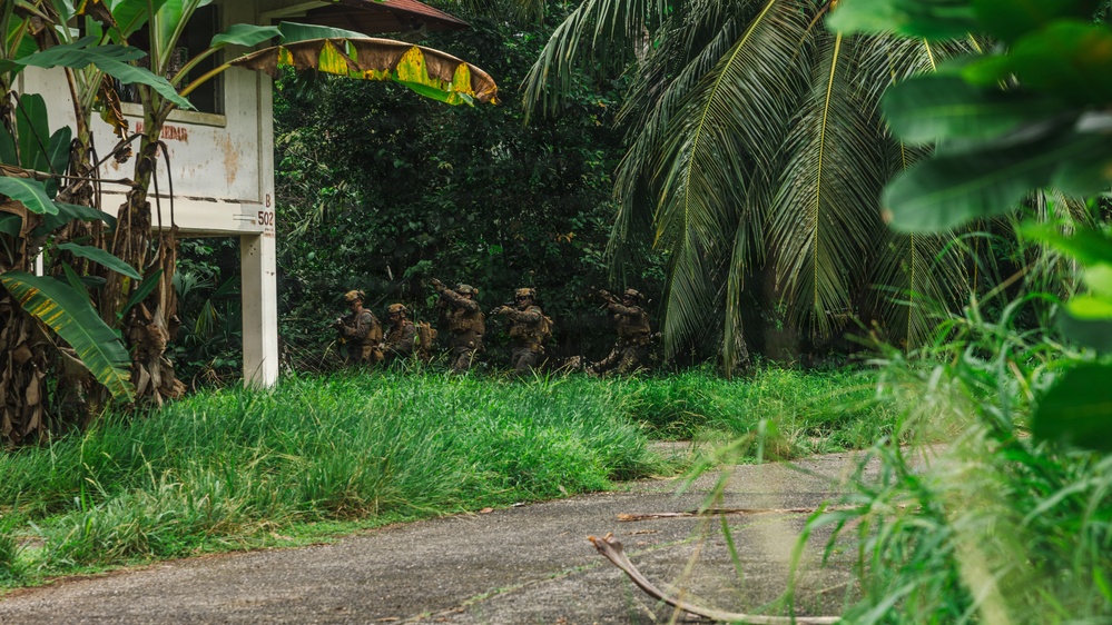 A group of soldiers in full combat gear and camouflage uniforms are positioned in dense tropical vegetation near a roadside structure, appearing to conduct a tactical patrol or training exercise. The setting is a lush, jungle-like environment with banana trees, palm trees, and overgrown grass. A weathered white sign or bus shelter structure marked 'B 502' is visible in the foreground.