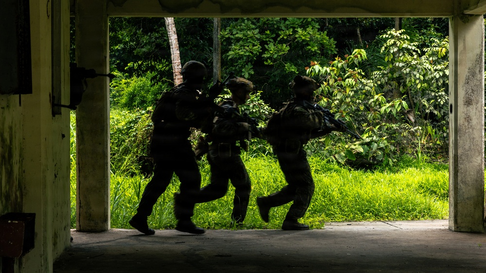 Three armed personnel in tactical gear are silhouetted against a bright, lush tropical outdoor environment as they move through a large doorway or opening of a concrete structure. The strong backlight creates a dramatic contrast between the dark interior and the vivid green vegetation outside. The individuals appear to be conducting a tactical movement or building clearance exercise.