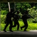 Three armed personnel in tactical gear are silhouetted against a bright, lush tropical outdoor environment as they move through a large doorway or opening of a concrete structure. The strong backlight creates a dramatic contrast between the dark interior and the vivid green vegetation outside. The individuals appear to be conducting a tactical movement or building clearance exercise.