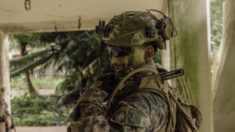 A soldier in full tactical gear is positioned inside or near a partially open structure with tropical vegetation visible in the background. The individual is wearing camouflage uniform, a tactical helmet with mounted accessories, and has green face paint applied, suggesting a field exercise or operational environment. The setting appears to be a tropical or jungle region based on the palm trees and lush greenery visible.