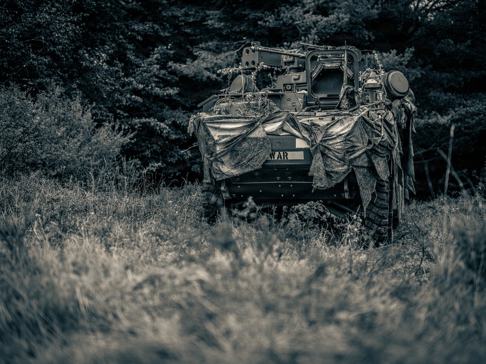 A military armored vehicle is positioned at the edge of a treeline, partially concealed with camouflage netting draped over its front. The image is rendered in a dark, desaturated tonal style giving it a moody, archival quality. The vehicle appears to be stationary in a field setting, consistent with a tactical concealment or observation position.