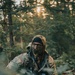 A person in full camouflage tactical gear is crouched low in a forested environment, holding a rifle with accessories. They are wearing a camouflage balaclava, protective eyewear, and a hooded jacket, blending into the woodland surroundings. The setting and orange-tipped barrel visible on a second weapon suggest this is an airsoft or milsim (military simulation) activity.