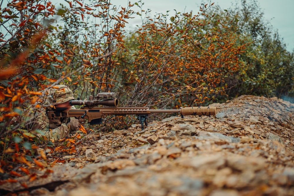 A camouflaged individual is positioned prone on rocky terrain, aiming a large precision rifle with a scope and suppressor. The shooter is partially concealed by autumn-colored shrubs and foliage, suggesting a deliberate concealment position. The rifle is mounted on a bipod and features a flat dark earth (FDE) finish throughout.