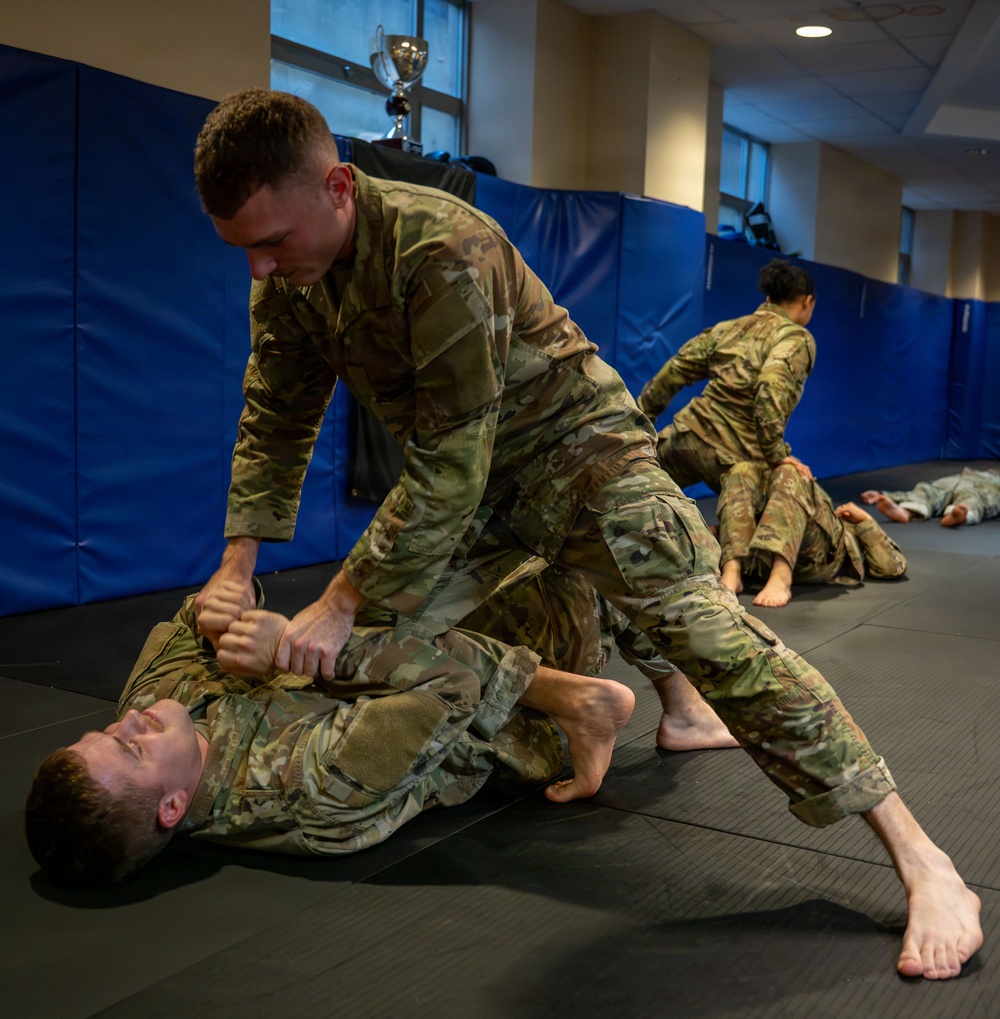 Military personnel in camouflage uniforms are practicing combatives/hand-to-hand combat training on a black mat floor. In the foreground, one soldier in a dominant position is controlling a grounded opponent, while additional pairs of trainees are visible practicing in the background. The setting appears to be an indoor training facility with blue wall padding.