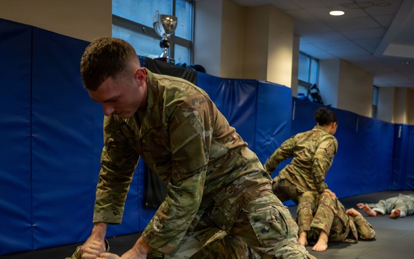 Military personnel in camouflage uniforms are practicing combatives/hand-to-hand combat training on a black mat floor. In the foreground, one soldier in a dominant position is controlling a grounded opponent, while additional pairs of trainees are visible practicing in the background. The setting appears to be an indoor training facility with blue wall padding.