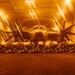 A military aircraft, identifiable as a Grumman E-2 Hawkeye (marked '604'), is stored in what appears to be a naval vessel hangar bay under amber/orange lighting. In the foreground, a row of external fuel tanks or ordnance pods are lined up on wheeled carts. The dramatic low-angle perspective and warm lighting create a striking visual composition of the hangar interior.