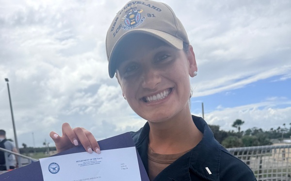 LTJG Freyman showcases her designation as a Surface Warfare Officer