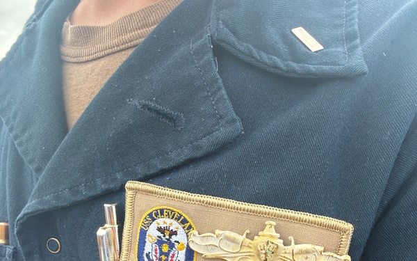 LTJG Anna Freyman’s freshly pinned Surface Warfare Officer pin.