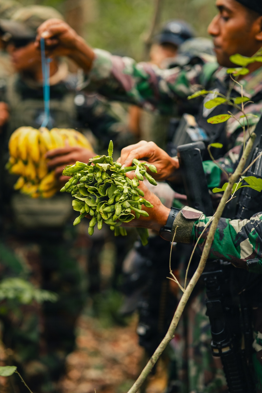 A group of individuals in military camouflage uniforms are gathered in a forested environment, handling foraged plant material and fruit. The foreground figure holds a cluster of green plant buds or shoots, while another person in the background holds a bunch of yellow bananas. At least one individual is visibly carrying a firearm slung over their shoulder.