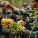 A group of individuals in military camouflage uniforms are gathered in a forested environment, handling foraged plant material and fruit. The foreground figure holds a cluster of green plant buds or shoots, while another person in the background holds a bunch of yellow bananas. At least one individual is visibly carrying a firearm slung over their shoulder.