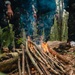 A small campfire built from bundled sticks and branches is actively burning on a forest floor covered with dry leaves and debris. Two individuals wearing military-style camouflage uniforms are standing behind the fire, visible from the waist down. The setting appears to be a dense tropical or subtropical forest, suggesting a field training or survival exercise.