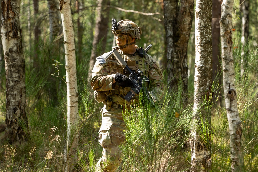 A fully equipped soldier in MultiCam/OCP camouflage uniform is conducting a patrol through a mixed forest environment with birch and pine trees. The soldier is carrying an assault rifle and wearing full combat gear including a tactical helmet with mounted accessories. The image appears to be a professional military photograph taken during a training exercise or operational patrol.