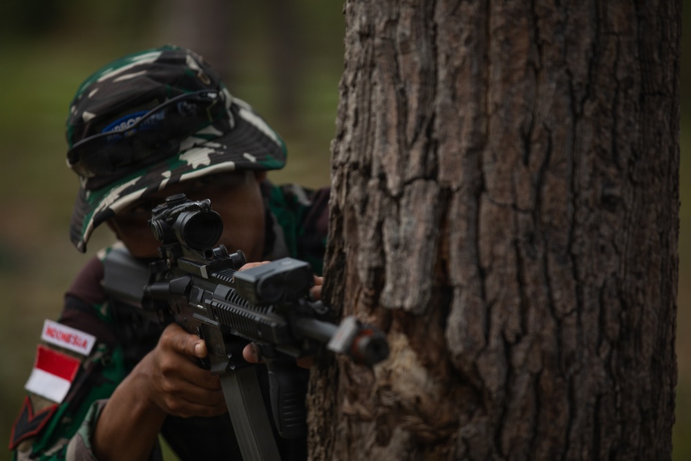 An Indonesian military soldier is positioned behind a large tree trunk, aiming a rifle with an optical sight attachment. The soldier is wearing woodland camouflage uniform and a boonie hat, with a visible 'Indonesia' patch and Indonesian flag on the left arm. This appears to be a military training exercise or tactical drill in a forested environment.