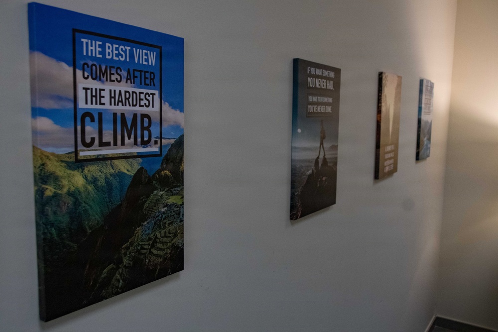 A hallway or corridor wall displays a series of motivational canvas prints arranged in a receding line. The most prominent poster features a mountain landscape (appearing to be Machu Picchu) with the quote 'The Best View Comes After the Hardest Climb.' Additional motivational posters follow along the wall, becoming less legible due to perspective and lighting.