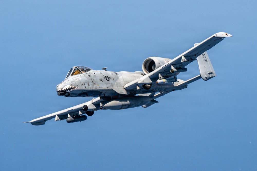 A U.S. Air Force A-10 Thunderbolt II (Warthog) attack aircraft is captured in flight against a clear blue sky. The aircraft features the iconic shark mouth nose art and is carrying external stores on its wing pylons. Tail code 'FT' is visible, indicating assignment to the 23rd Wing at Moody Air Force Base, Georgia.