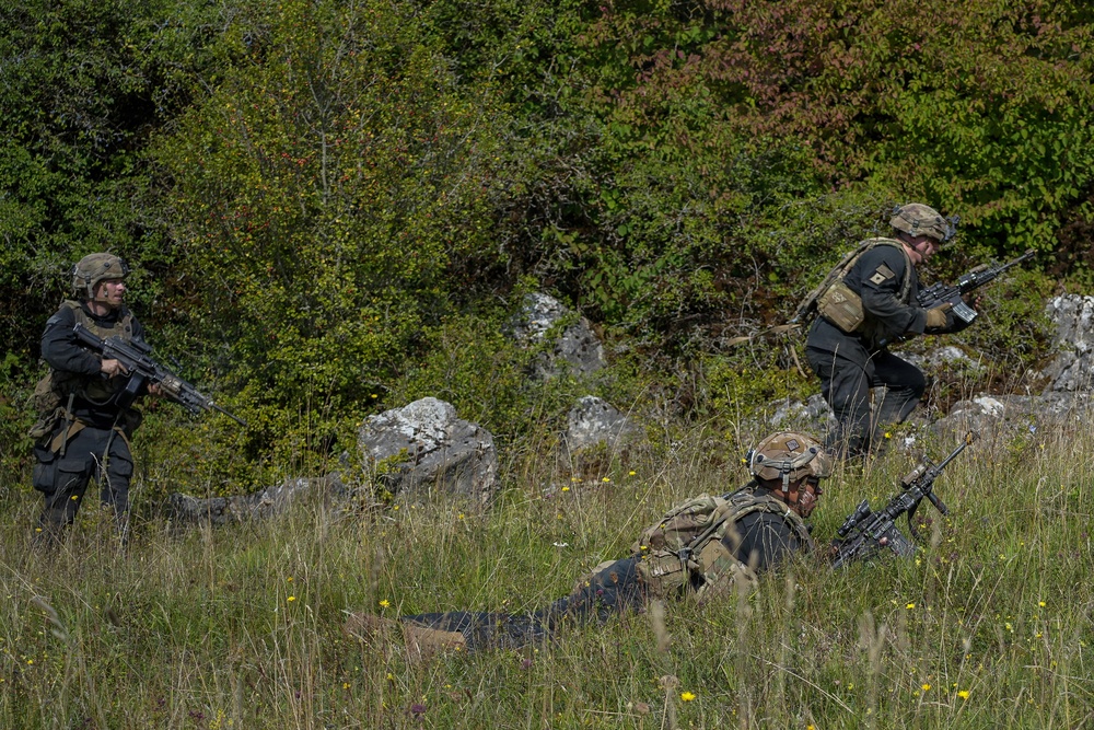 Three armed military personnel are conducting what appears to be a field training exercise in a grassy, rocky terrain with dense vegetation in the background. Two soldiers are standing and moving in tactical positions while a third is prone on the ground in a designated marksman or support position. All personnel are equipped with rifles, tactical vests, and helmets.