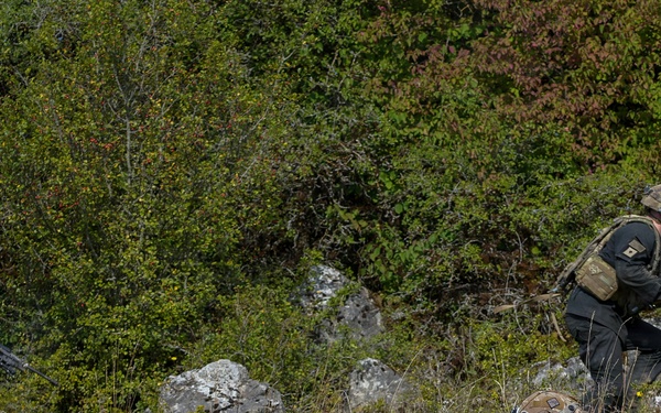 Three armed military personnel are conducting what appears to be a field training exercise in a grassy, rocky terrain with dense vegetation in the background. Two soldiers are standing and moving in tactical positions while a third is prone on the ground in a designated marksman or support position. All personnel are equipped with rifles, tactical vests, and helmets.