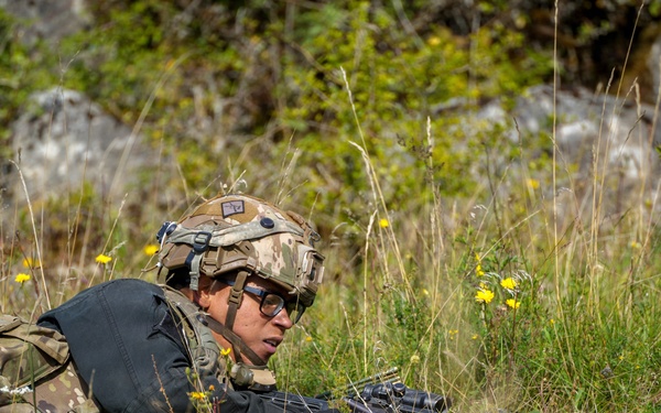 A soldier in full tactical gear is lying prone in a grassy field with wildflowers, appearing to be in a low-profile observation or defensive position. The individual is equipped with a combat helmet, tactical vest, backpack, gloves, and protective eyewear, and is holding a firearm. The setting appears to be a field training exercise or operational scenario in a natural outdoor environment.