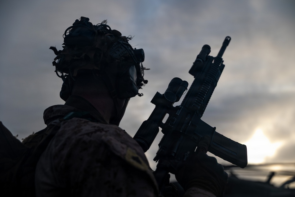A silhouetted military personnel is photographed against an overcast sky at dusk or dawn. The individual is equipped with advanced tactical gear and is holding an assault rifle in a ready position. The dramatic backlighting creates a high-contrast silhouette effect.