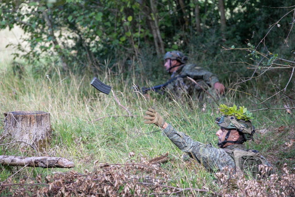 Two soldiers in camouflage uniforms are positioned low in a grassy, wooded area, appearing to conduct a tactical field exercise. The foreground soldier is lying prone and tossing or catching a rifle magazine in the air, while a second soldier is positioned further back in a low crouch. Both wear helmets with camouflage covers and full combat gear.