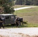 The image shows military personnel in tactical gear conducting what appears to be a training exercise near a military HMMWV (Humvee) marked 'P-145'. Soldiers dressed in black uniforms with tan/coyote tactical vests are moving in formation around the vehicle, with at least one soldier aiming a weapon. The setting is an open field or training range with a paved road visible in the background.