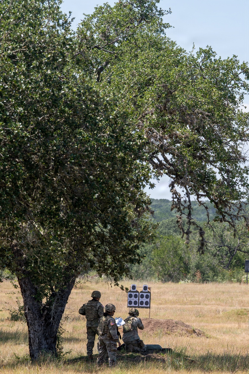 Three military personnel in camouflage uniforms are gathered near a large tree in an open field, examining shooting targets on a range. The targets consist of standard black circular bullseye patterns mounted on a wooden stand. The setting appears to be an outdoor military training range with dry grassland and wooded hills in the background.