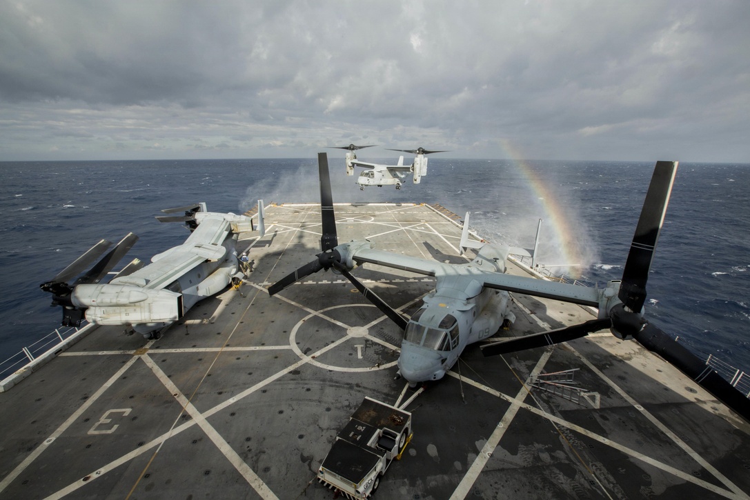 An MV-22B Osprey, assigned to Marine Medium Tiltrotor Squadron 365 (Reinforced), 24th Marine Expeditionary Unit, hovers over the flight deck of the USS New York, at sea, Jan. 5, 2015. The 24th MEU and Iwo Jima Amphibious Ready Group are conducting naval operations in the U.S. 6th Fleet area of operations in support of U.S. national security interests in Europe. (U.S. Marine Corps photo by Cpl. Todd F. Michalek)