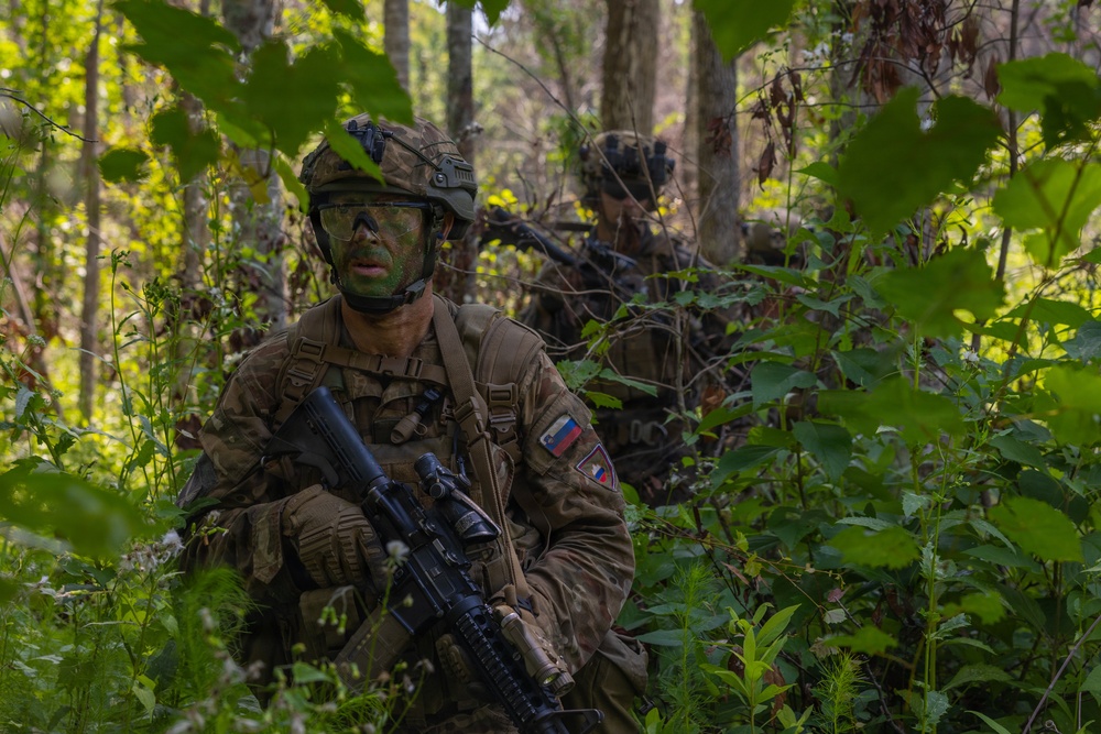 Two soldiers in full combat gear are positioned in dense woodland vegetation. The foreground soldier wears green and black face camouflage paint, tactical goggles, a combat helmet with mounted equipment, and carries an assault rifle. A flag patch visible on the foreground soldier's left shoulder appears to be the Slovenian flag.