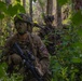 Two soldiers in full combat gear are positioned in dense woodland vegetation. The foreground soldier wears green and black face camouflage paint, tactical goggles, a combat helmet with mounted equipment, and carries an assault rifle. A flag patch visible on the foreground soldier's left shoulder appears to be the Slovenian flag.