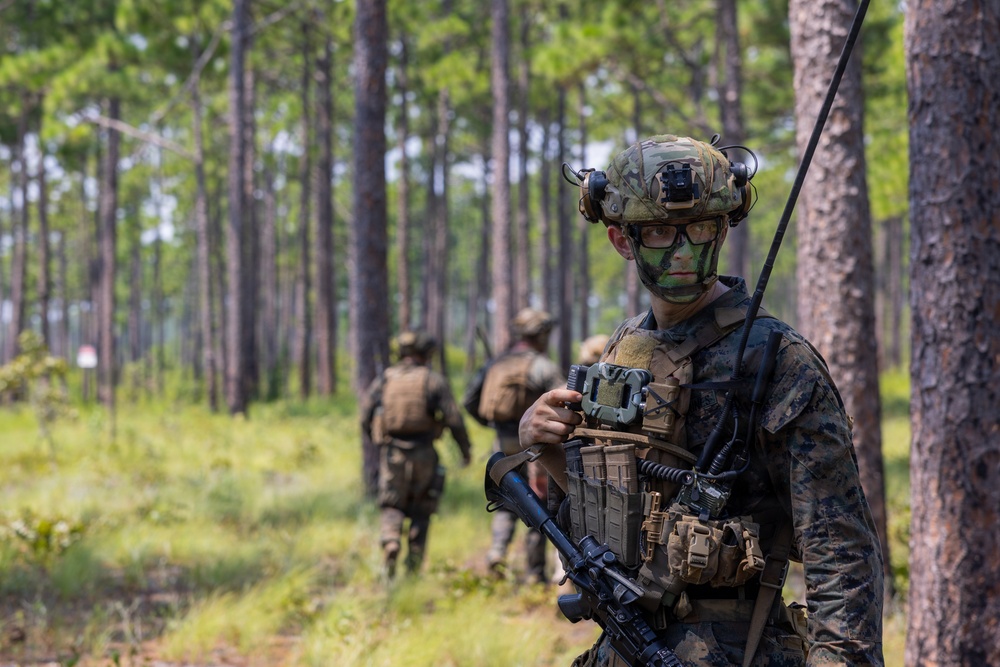 A group of military personnel in full combat gear patrol through a pine forest during what appears to be a training exercise. The foreground soldier is equipped with camouflage face paint, a tactical helmet with night vision mount, radio antenna, rifle, and body armor with pouches. Additional soldiers are visible in the background moving through the wooded terrain.