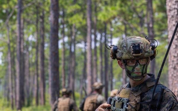 A group of military personnel in full combat gear patrol through a pine forest during what appears to be a training exercise. The foreground soldier is equipped with camouflage face paint, a tactical helmet with night vision mount, radio antenna, rifle, and body armor with pouches. Additional soldiers are visible in the background moving through the wooded terrain.