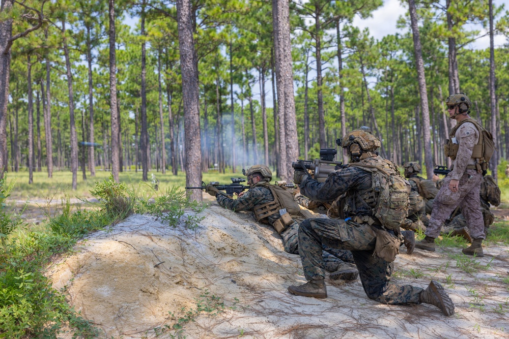 Military personnel, appearing to be U.S. Marines based on their MARPAT camouflage uniforms, are conducting a field training exercise in a pine forest environment. Two foreground personnel are in firing positions behind a sandy berm, with visible smoke indicating live or blank fire discharge. Additional personnel are visible in the background, suggesting a coordinated tactical drill.