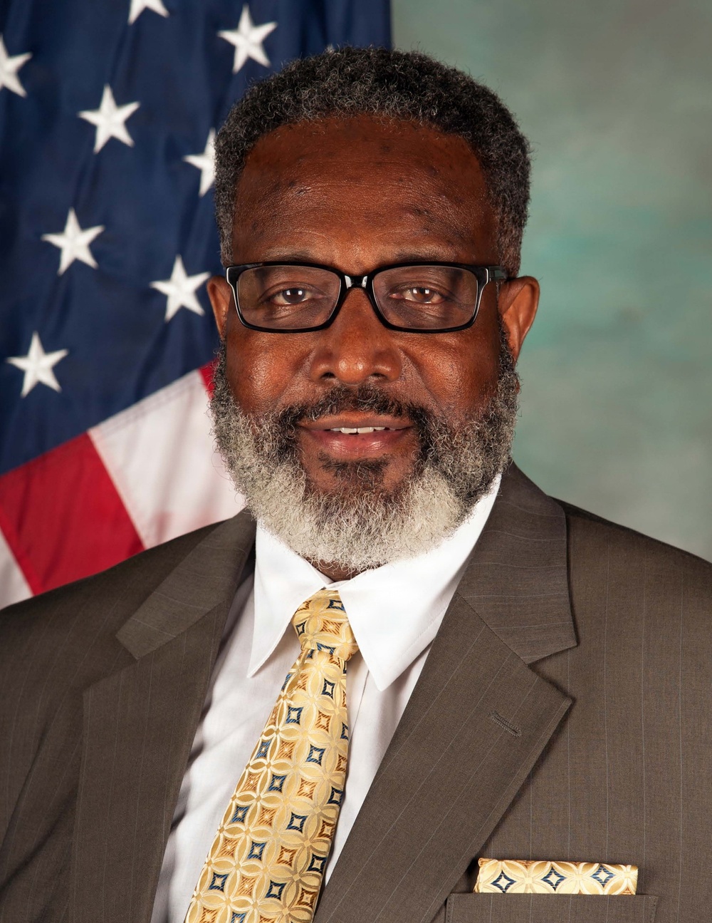 A formal portrait photograph of a middle-aged man wearing a brown pinstripe suit, white dress shirt, and gold patterned tie with a matching pocket square. He has short gray-streaked hair, a full gray beard, and black-framed glasses. An American flag is visible in the background to the left, suggesting this is an official or professional headshot.