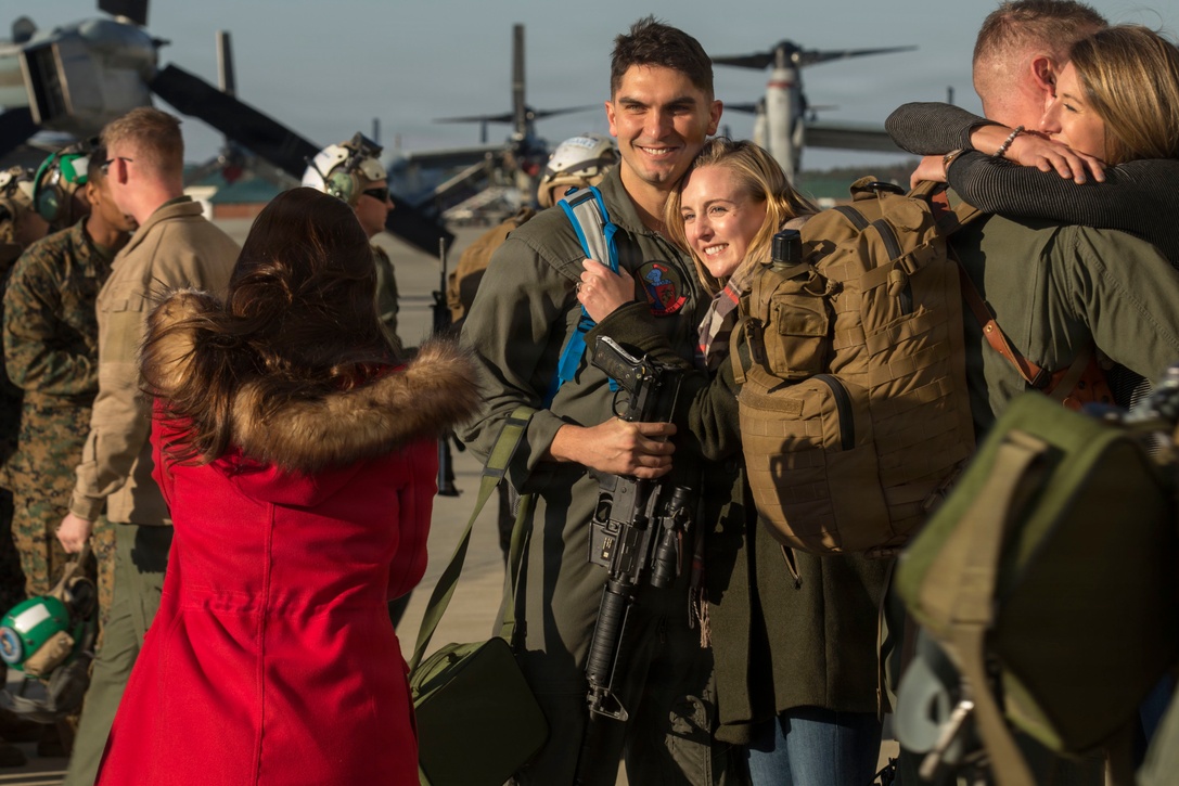 Marines and Sailors from Medium Tiltrotor Squadron 365, with the 24th Marine Expeditionary Unit for Exercise Trident Juncture 2018, land at their homecoming reception at Marine Corps Air Station New River, N.C., Nov. 29, 2018.