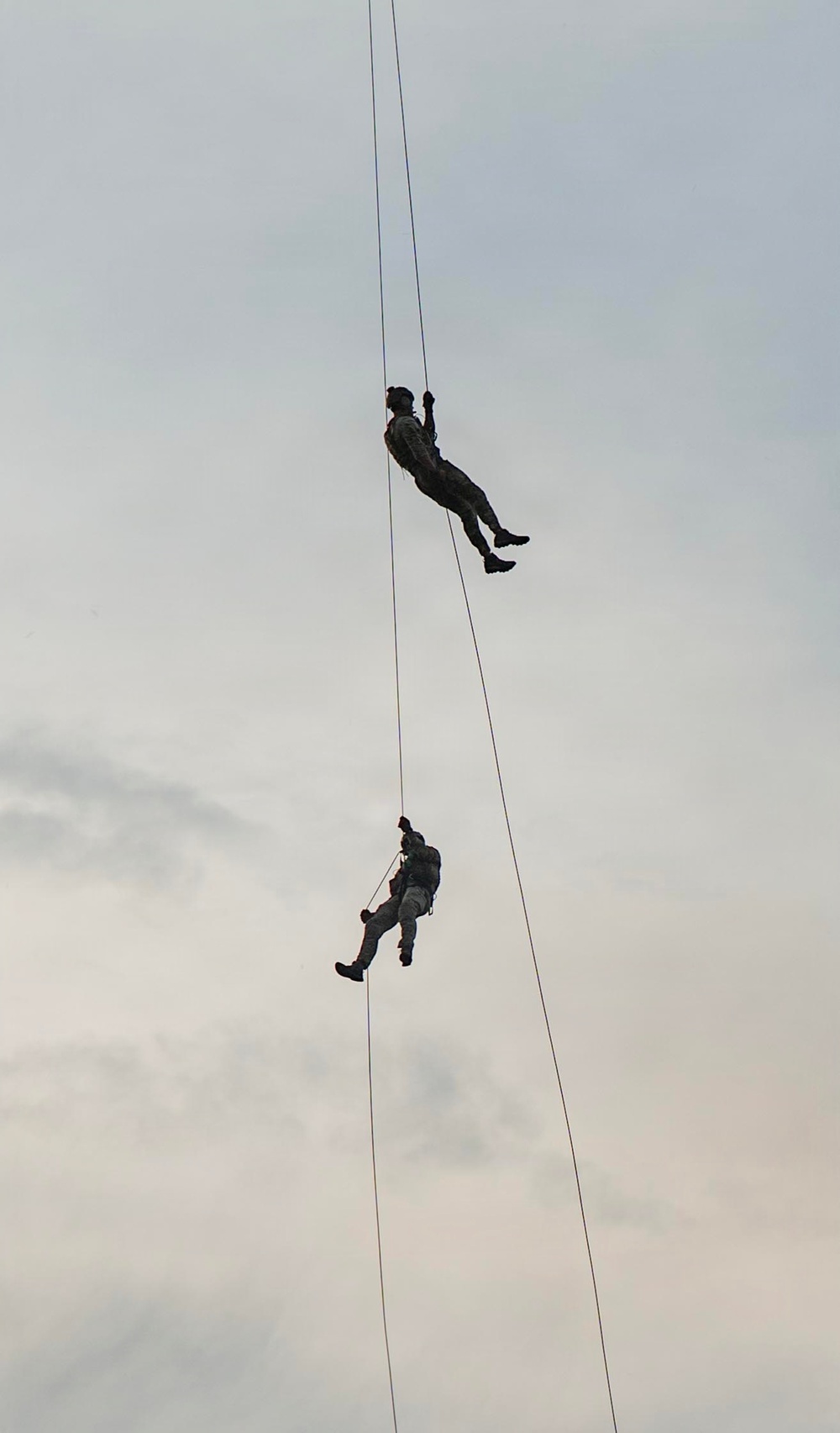 Two individuals in military-style uniforms are suspended from ropes against an overcast sky, performing what appears to be a rappelling or fast-rope descent exercise. Both figures are silhouetted against the grey sky, with one positioned higher than the other on separate rope lines. The activity is consistent with military or tactical training operations.